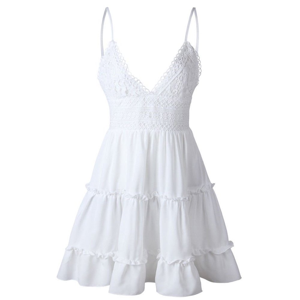 White Women‎ Boho Sundress V-Neck Lace Mini Dress Ladies Casual Summer - Picture 5 of 11